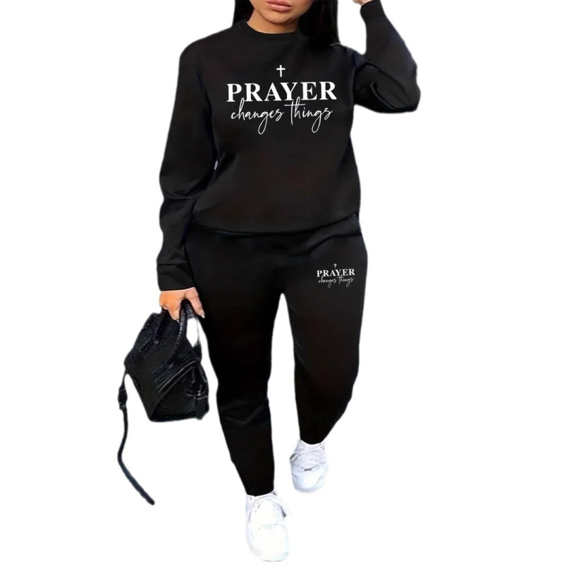 Set dama: hanorac și trening cu imprimeu litere, imprimare digitală, poliester 95%+, primăvara 2025, streetwear casual