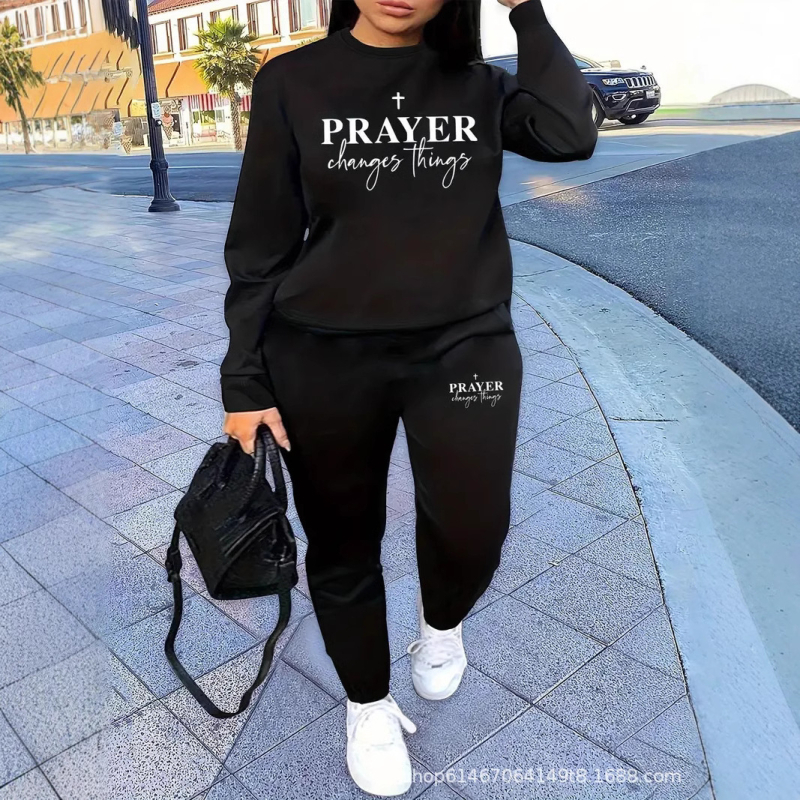 Set dama: hanorac și trening cu imprimeu litere, imprimare digitală, poliester 95%+, primăvara 2025, streetwear casual