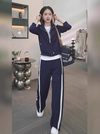 Set sport din două piese pentru alergare - model color-matching, mâneci lungi, amestec bumbac-poliester, stil japonez-coreean casual, toamnă 2025