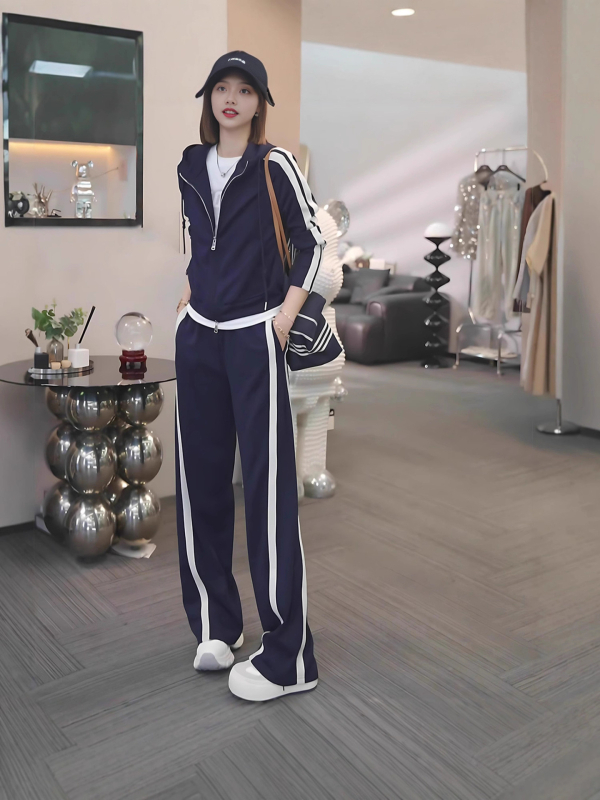 Set sport din două piese pentru alergare - model color-matching, mâneci lungi, amestec bumbac-poliester, stil japonez-coreean casual, toamnă 2025