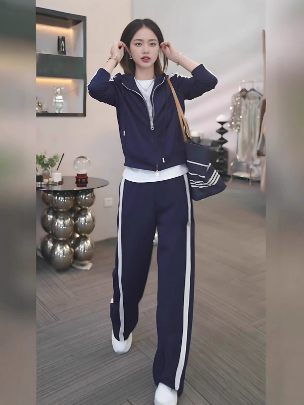 Set sport din două piese pentru alergare - model color-matching, mâneci lungi, amestec bumbac-poliester, stil japonez-coreean casual, toamnă 2025