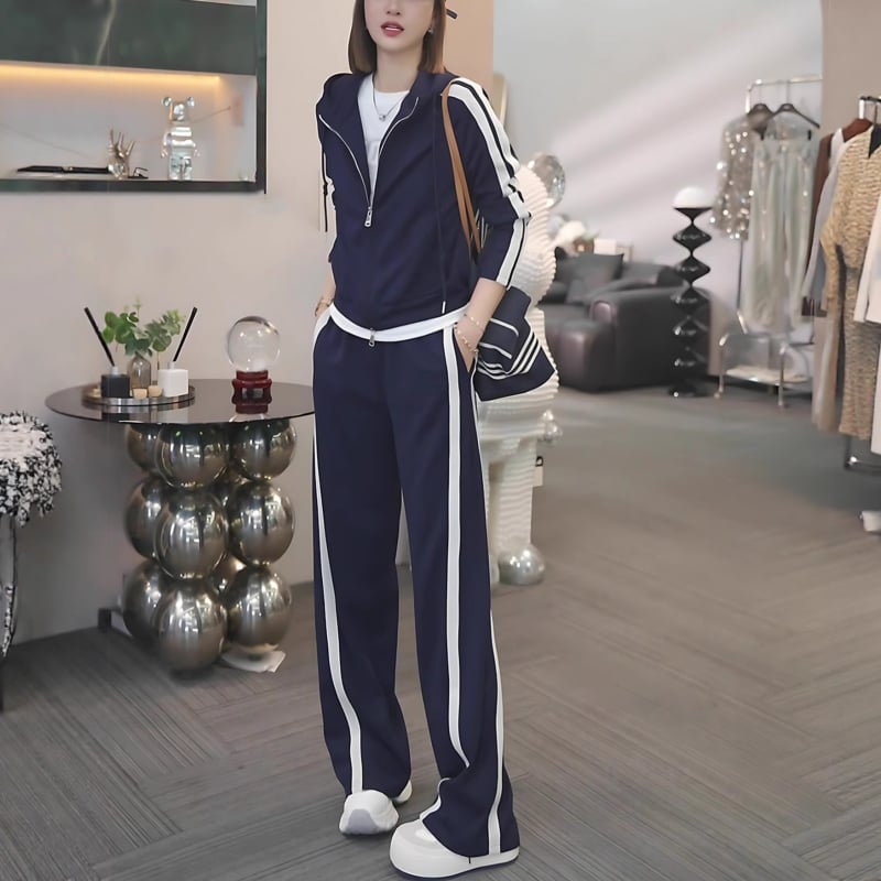 Set sport din două piese pentru alergare - model color-matching, mâneci lungi, amestec bumbac-poliester, stil japonez-coreean casual, toamnă 2025