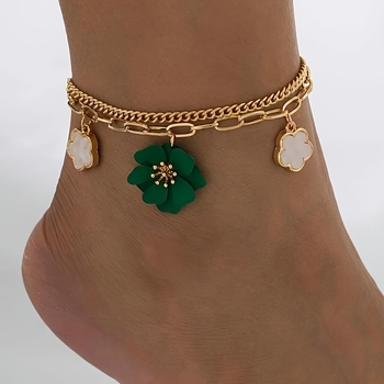 Brățară de gleznă cu strat dublu și petale 3D de floare, metal, stil coreean, unisex