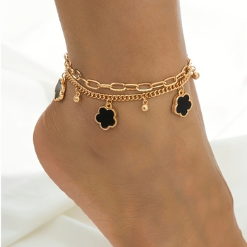 Brățară de gleznă cu strat dublu și petale 3D de floare, metal, stil coreean, unisex