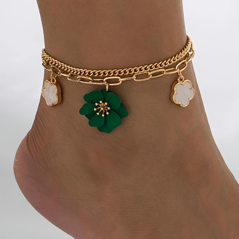 Brățară de gleznă cu strat dublu și petale 3D de floare, metal, stil coreean, unisex