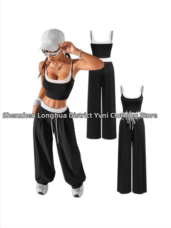 Set damă: top fără mâneci și vestă cu pantaloni cargo talie înaltă, color block, poliester 95%+, Primăvara 2025