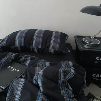 Set de lenjerie de pat 4 piese: model cu dungi, țesătură twill, bumbac 100%, stil INS, vopsire reactive