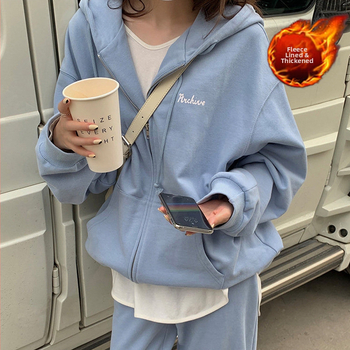 Set de două piese pentru femei, căptușit cu fleece — hanorac cu glugă și fermoar + pantaloni casual, poliester, stil urban, iarna 2024