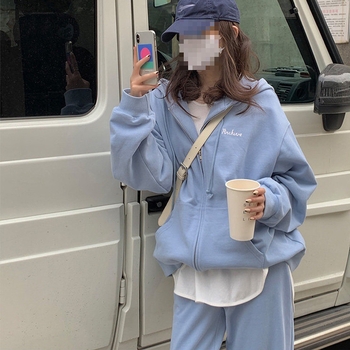 Set de două piese pentru femei, căptușit cu fleece — hanorac cu glugă și fermoar + pantaloni casual, poliester, stil urban, iarna 2024