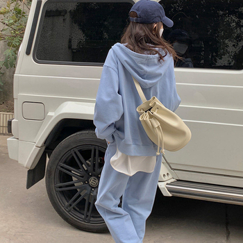 Set de două piese pentru femei, căptușit cu fleece — hanorac cu glugă și fermoar + pantaloni casual, poliester, stil urban, iarna 2024