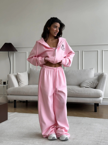 Set two-piece cu hanorac brodat și pantaloni pentru femei - bumbac-poliester, 80–90% bumbac, mâneci lungi, croială lejeră, stil occidental streetwear, toamnă 2025