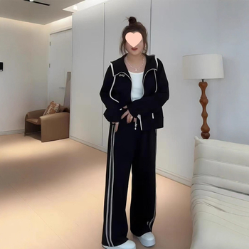 Costum casual din două piese cu jachetă cu glugă și panouri contrastante, stil coreean, bumbac-PU