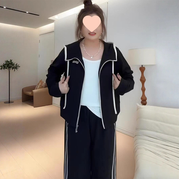 Costum casual din două piese cu jachetă cu glugă și panouri contrastante, stil coreean, bumbac-PU