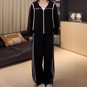 Costum casual din două piese cu jachetă cu glugă și panouri contrastante, stil coreean, bumbac-PU