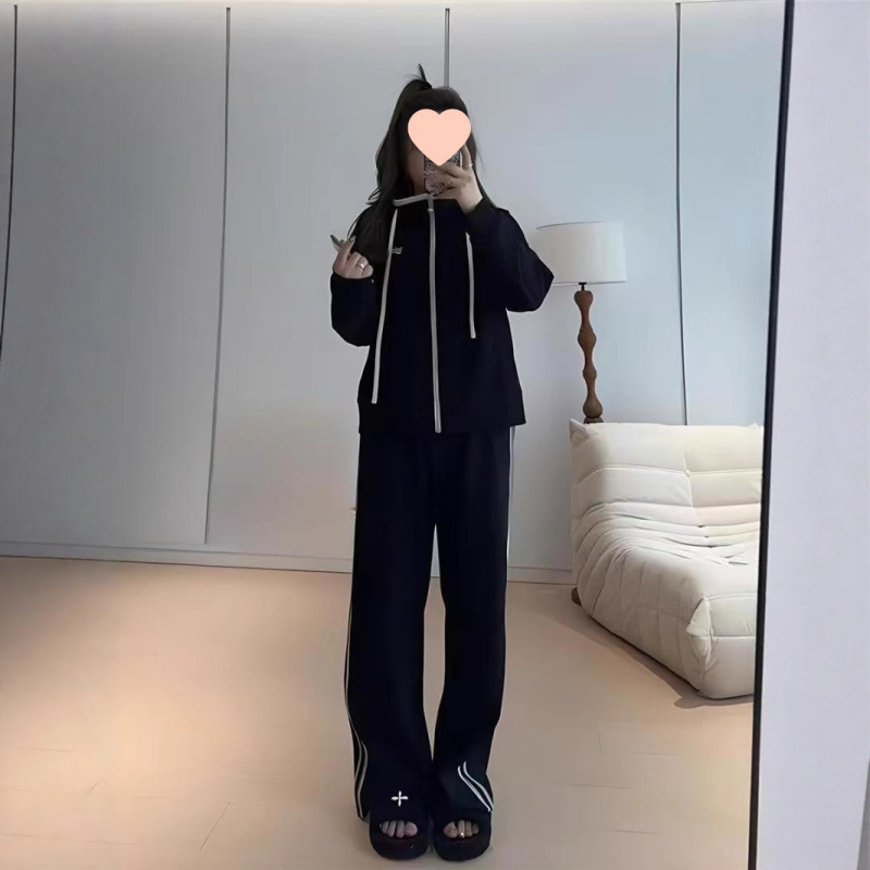 Costum casual din două piese cu jachetă cu glugă și panouri contrastante, stil coreean, bumbac-PU