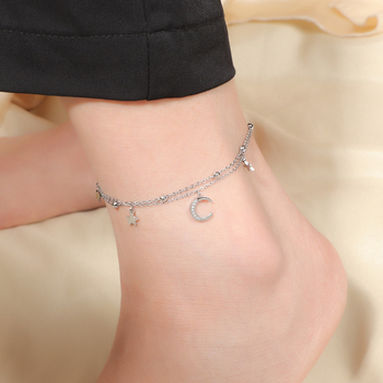 Brățară pentru gleznă cu dublu strat stea-lună, diamante, oțel de titan, pietre artificiale placate cu aur, design geometric feminin, stil luxos ușor, lansare vară 2025