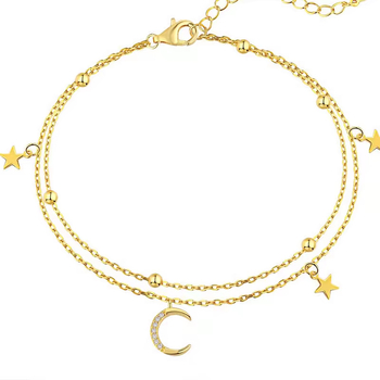 Brățară pentru gleznă cu dublu strat stea-lună, diamante, oțel de titan, pietre artificiale placate cu aur, design geometric feminin, stil luxos ușor, lansare vară 2025