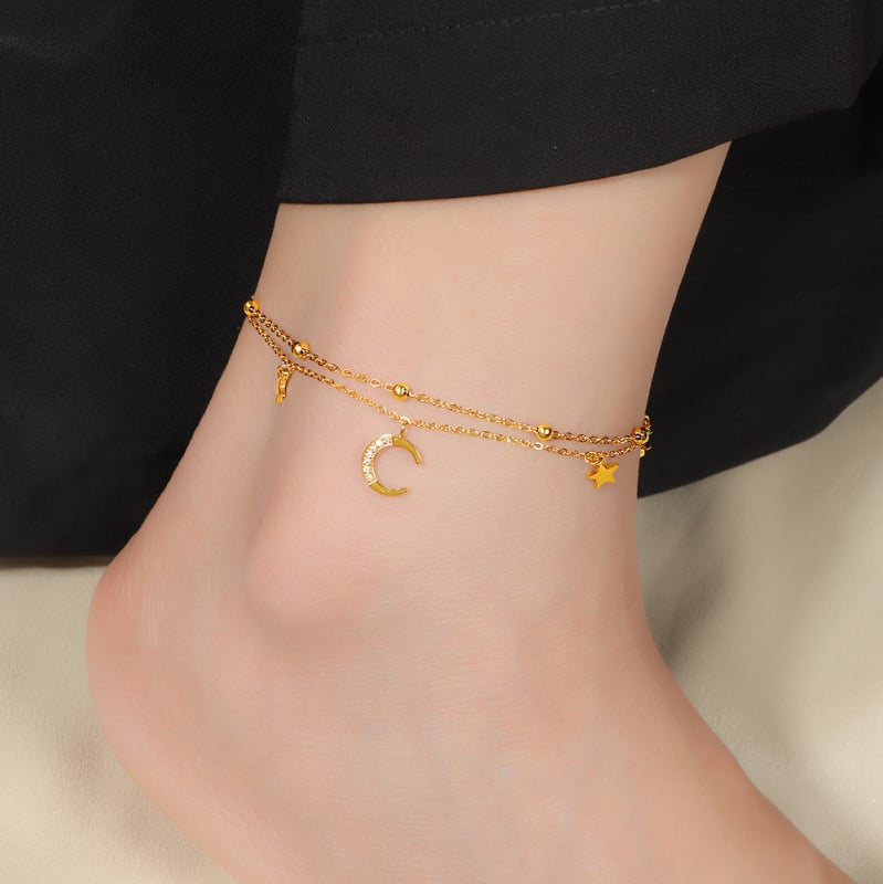 Brățară pentru gleznă cu dublu strat stea-lună, diamante, oțel de titan, pietre artificiale placate cu aur, design geometric feminin, stil luxos ușor, lansare vară 2025