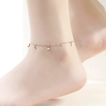 Елегантна глезенна гривна с мотив Луна Богиня и звезда, титаниева стомана, без камъни