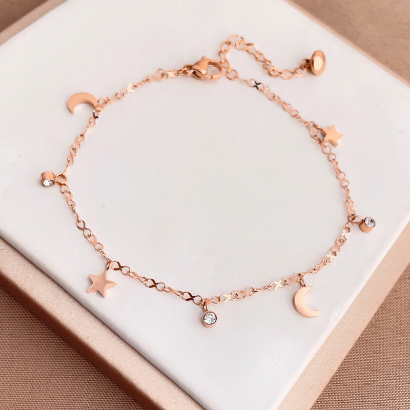 Елегантна глезенна гривна с мотив Луна Богиня и звезда, титаниева стомана, без камъни