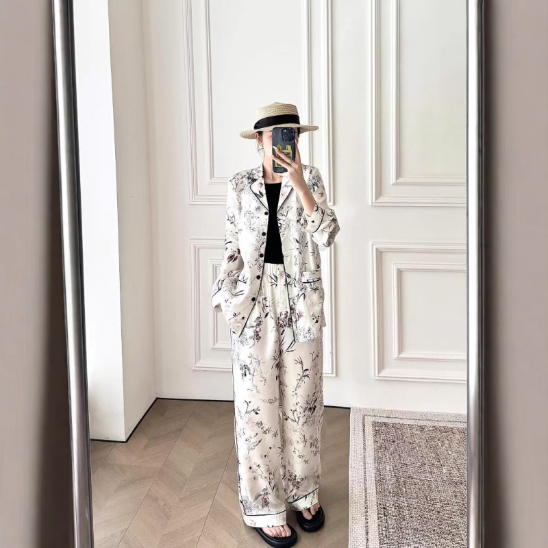 Костюм с панталони – 3D флорален принт, плат Tencel и полиестер, дълги ръкави, лято 2025