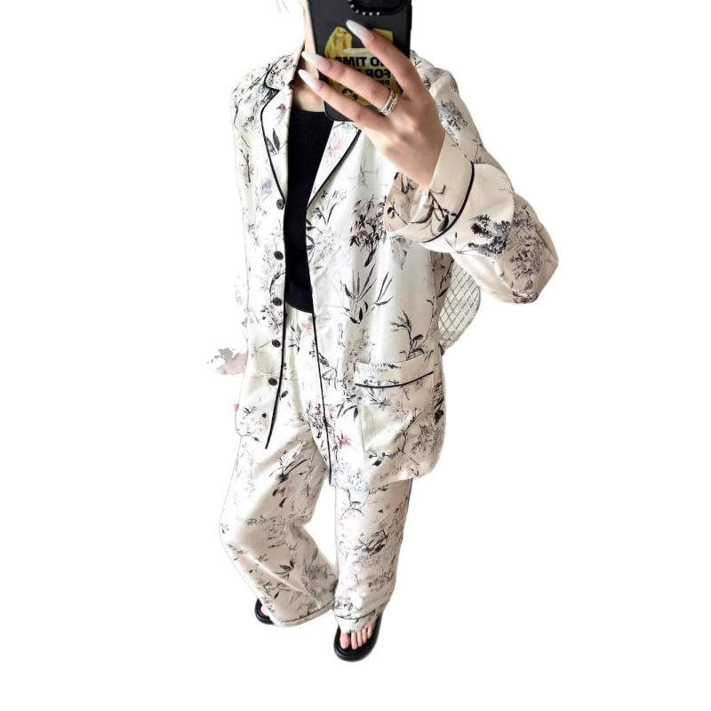 Костюм с панталони – 3D флорален принт, плат Tencel и полиестер, дълги ръкави, лято 2025