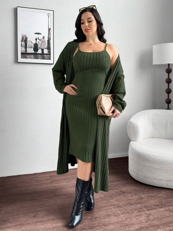 Costum feminin din două piese: sacou și rochie cu bretele, poliester cu elastan, mâneci lungi, rochie midi, stil office, iarnă 2024