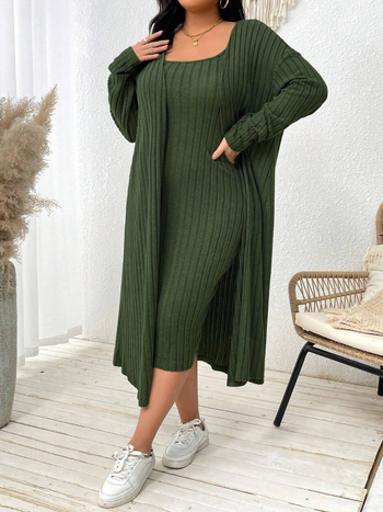 Costum feminin din două piese: sacou și rochie cu bretele, poliester cu elastan, mâneci lungi, rochie midi, stil office, iarnă 2024