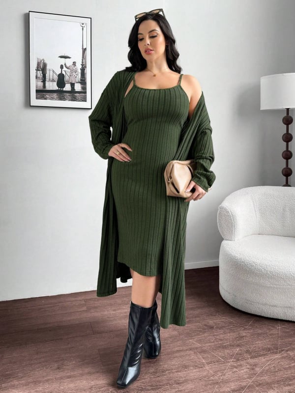 Costum feminin din două piese: sacou și rochie cu bretele, poliester cu elastan, mâneci lungi, rochie midi, stil office, iarnă 2024