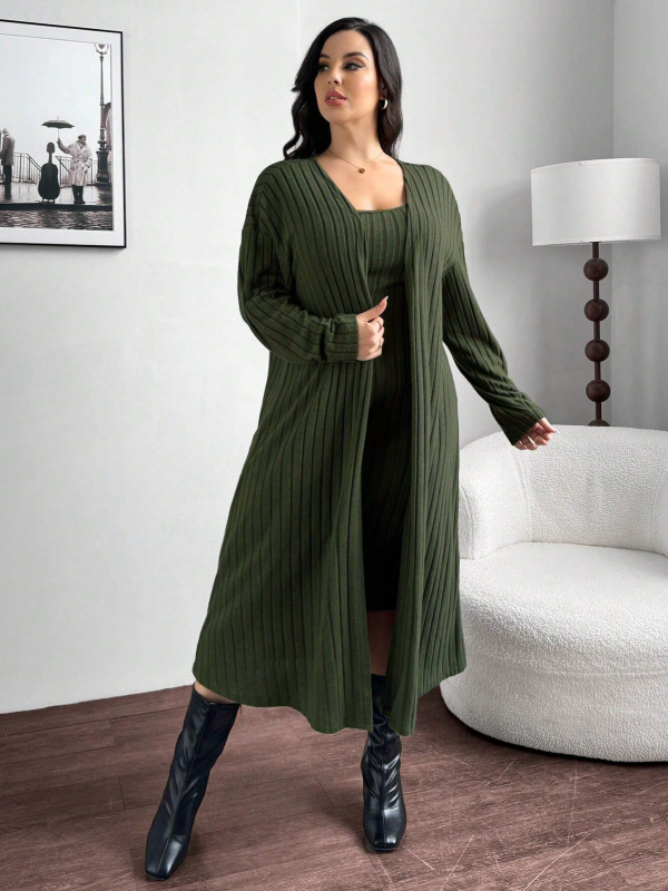 Costum feminin din două piese: sacou și rochie cu bretele, poliester cu elastan, mâneci lungi, rochie midi, stil office, iarnă 2024