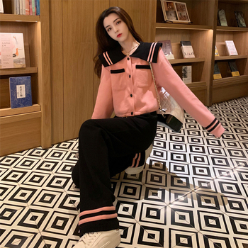 Set din două piese din velur în stil tweed pentru femei, top cu mânecă lungă și pantaloni largi, model solid, țesătură poliester ≥95%, țesut, iarna 2024