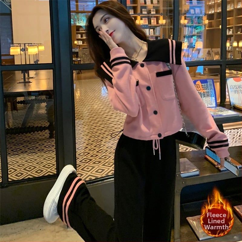 Set din două piese din velur în stil tweed pentru femei, top cu mânecă lungă și pantaloni largi, model solid, țesătură poliester ≥95%, țesut, iarna 2024