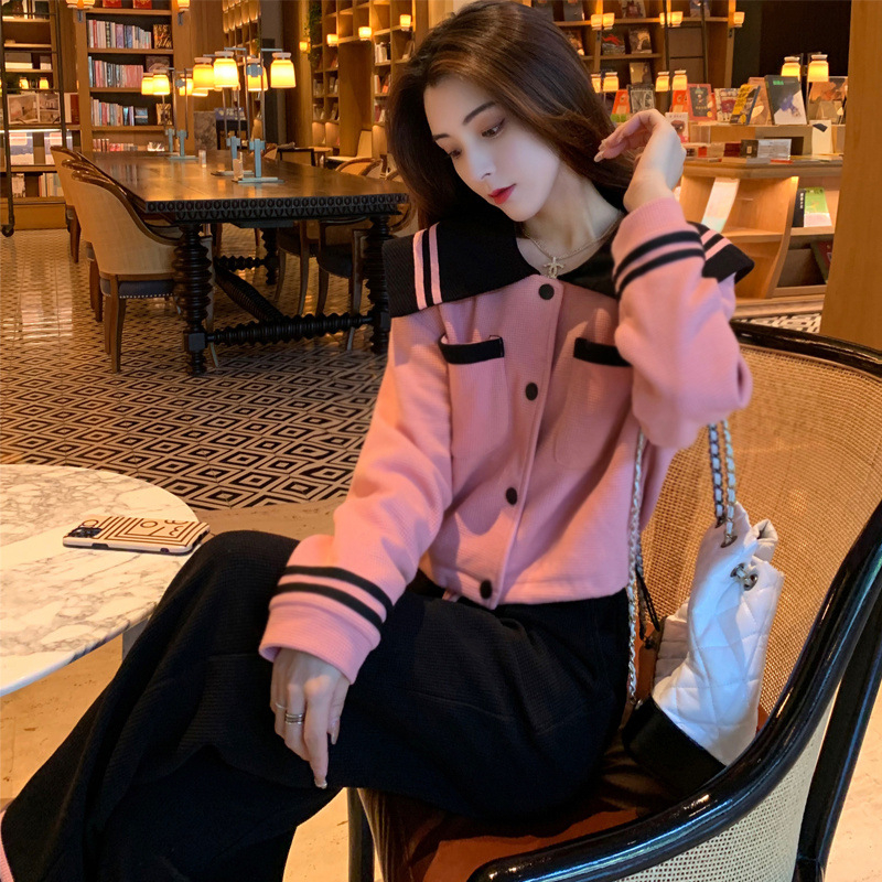 Set din două piese din velur în stil tweed pentru femei, top cu mânecă lungă și pantaloni largi, model solid, țesătură poliester ≥95%, țesut, iarna 2024