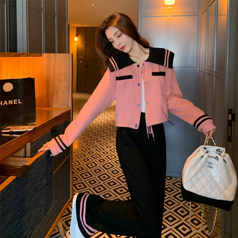 Set din două piese din velur în stil tweed pentru femei, top cu mânecă lungă și pantaloni largi, model solid, țesătură poliester ≥95%, țesut, iarna 2024