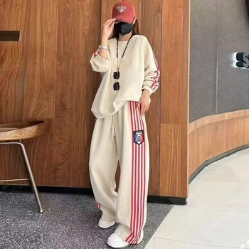 Set feminin din două piese, casual sport: hanorac lejer cu mâneci lungi și pantaloni cu croi larg, poliester, toamnă 2025, stil japonez-coreean casual