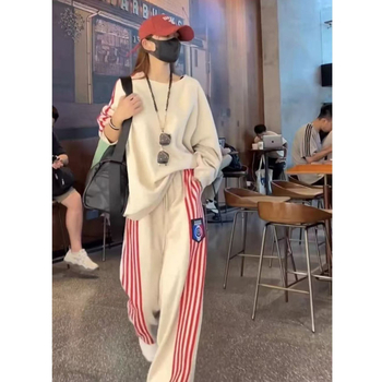 Set feminin din două piese, casual sport: hanorac lejer cu mâneci lungi și pantaloni cu croi larg, poliester, toamnă 2025, stil japonez-coreean casual