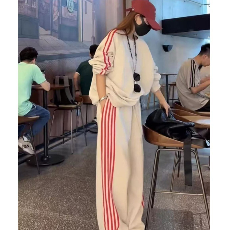 Set feminin din două piese, casual sport: hanorac lejer cu mâneci lungi și pantaloni cu croi larg, poliester, toamnă 2025, stil japonez-coreean casual