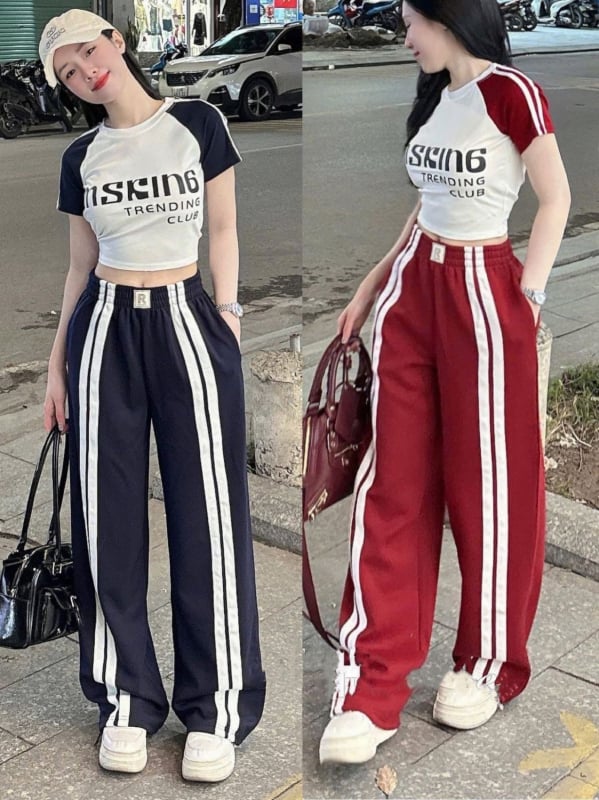 Set femei două piese: tricou raglan cu mâneci trei sferturi și pantaloni largi, talie înaltă, stil stradal; material Milk Silk, poliester 80–90%, vara 2025