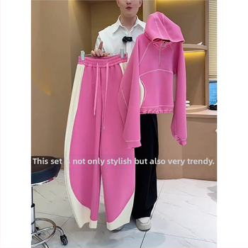 Costum casual din două piese: Hanorac cu glugă și pantaloni largi, Primăvara 2025, Chenille cu Spandex, mâneci lungi