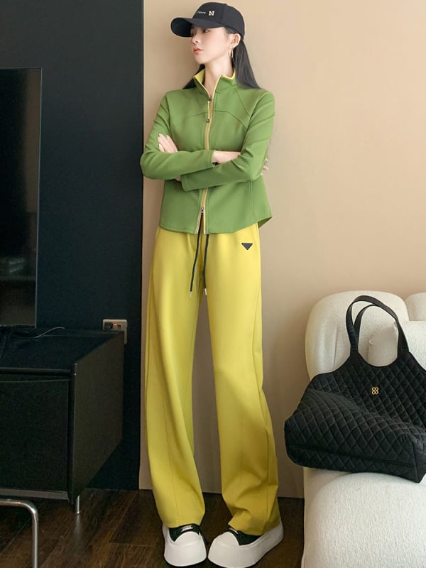 Toamnă 2025 costum din două piese din bumbac cu top cu mânecă lungă și guler înălțat și pantaloni drepți, detaliu patchwork