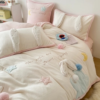 Set de lenjerie de pat din velur de lapte, cu model cartoon, patru piese, pentru căldură de iarnă și confort pentru piele