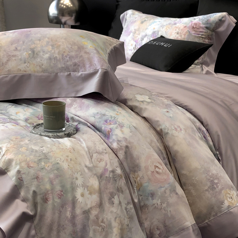 Set de patru piese din bumbac cu fibre lungi, imprimat, satin din bumbac, vopsire reactiva, 120s, 2500–3000 g