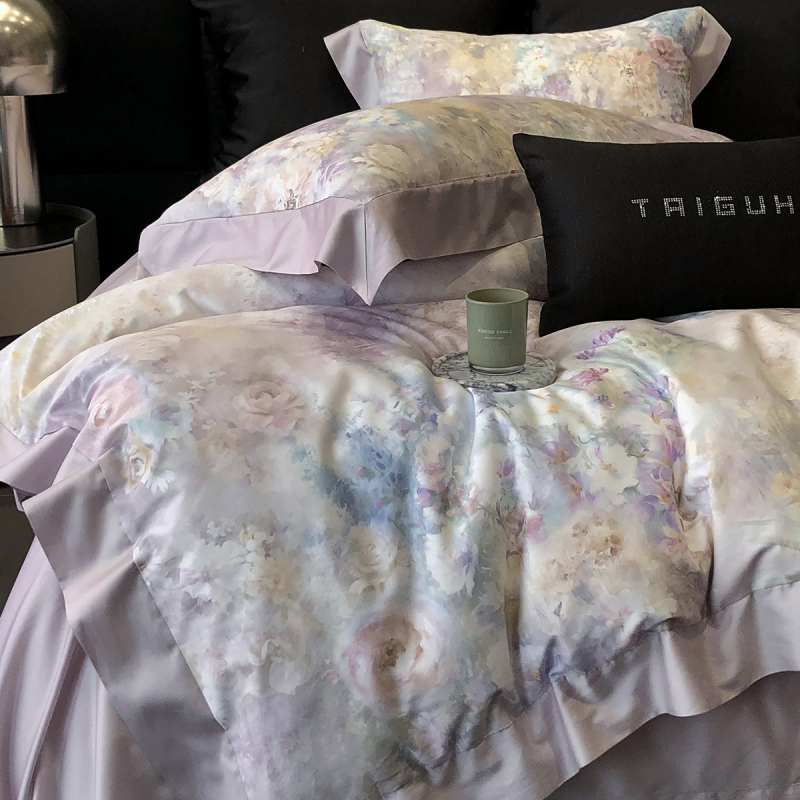 Set de patru piese din bumbac cu fibre lungi, imprimat, satin din bumbac, vopsire reactiva, 120s, 2500–3000 g