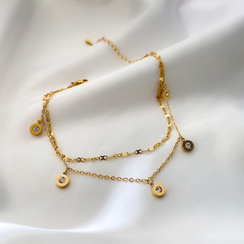 Brățară de gleznă cu diamant încrustat, dublu strat, design geometric, pietre artificiale placate cu aur