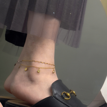 Brățară de gleznă cu diamant încrustat, dublu strat, design geometric, pietre artificiale placate cu aur