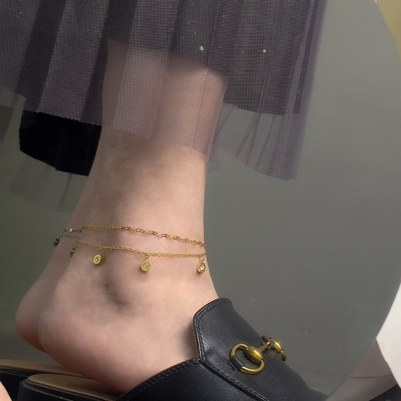 Brățară de gleznă cu diamant încrustat, dublu strat, design geometric, pietre artificiale placate cu aur