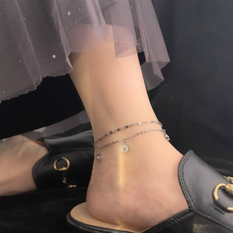 Brățară de gleznă cu diamant încrustat, dublu strat, design geometric, pietre artificiale placate cu aur