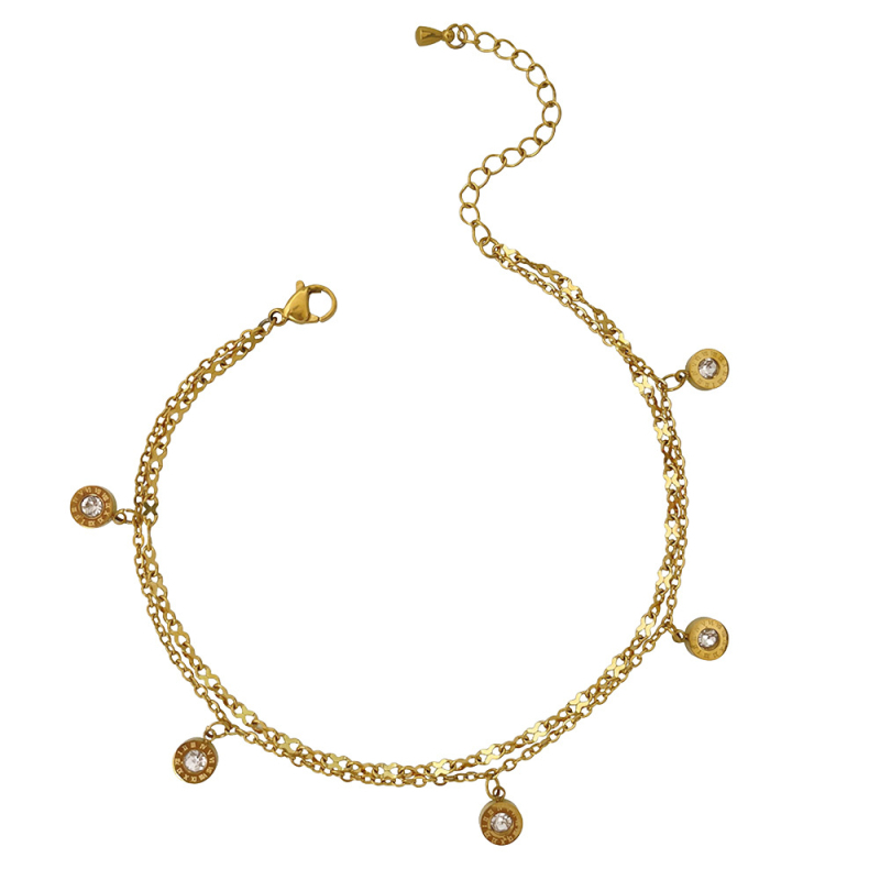 Brățară de gleznă cu diamant încrustat, dublu strat, design geometric, pietre artificiale placate cu aur