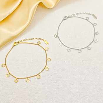 Brățară de gleznă feminină cu ciucuri și trifoi cu patru foi gol - oțel titan