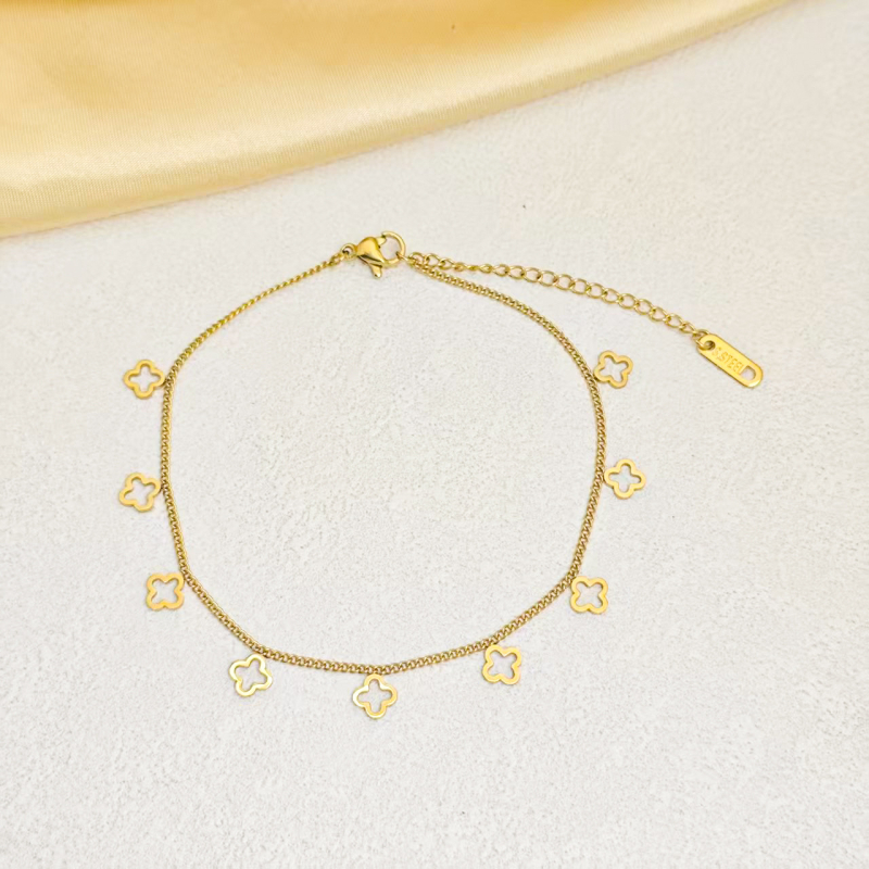 Brățară de gleznă feminină cu ciucuri și trifoi cu patru foi gol - oțel titan